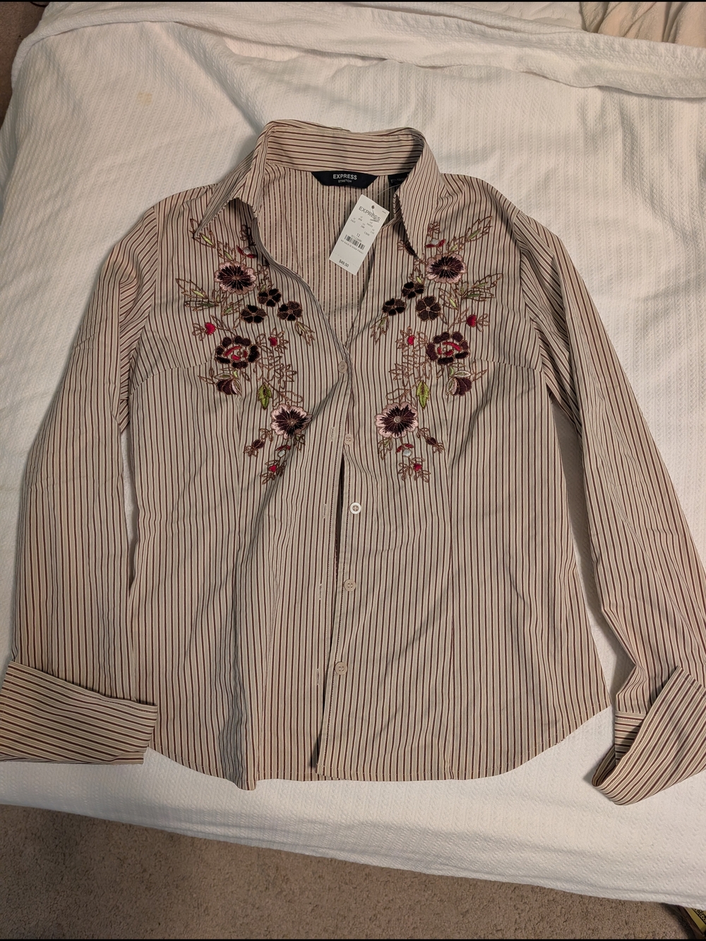 Vintage Express Women's Beige Stripe Shirt with Floral Embroidery